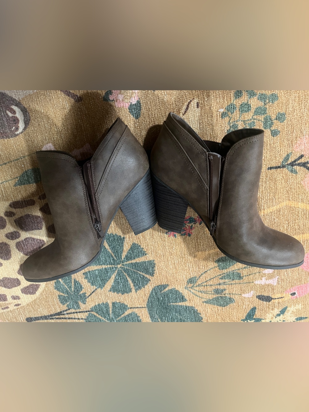Fergalicious Women’s Taupe Faux-Leather Ankle Booties with Block Heel